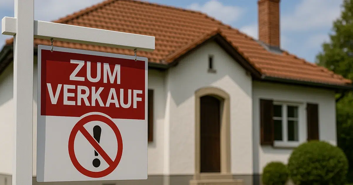 Ein Schild "Zu verkaufen" vor einer Häuserfront. Thema: Fehler vermeiden beim Immobilienverkauf