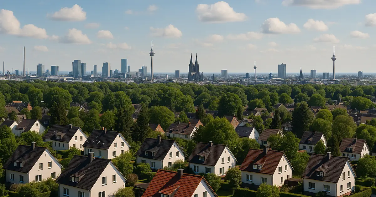 Immobilienpreise in Nordrhein-Westfalen Wohngebiet mit Blick auf Kölner Skyline und Dom.