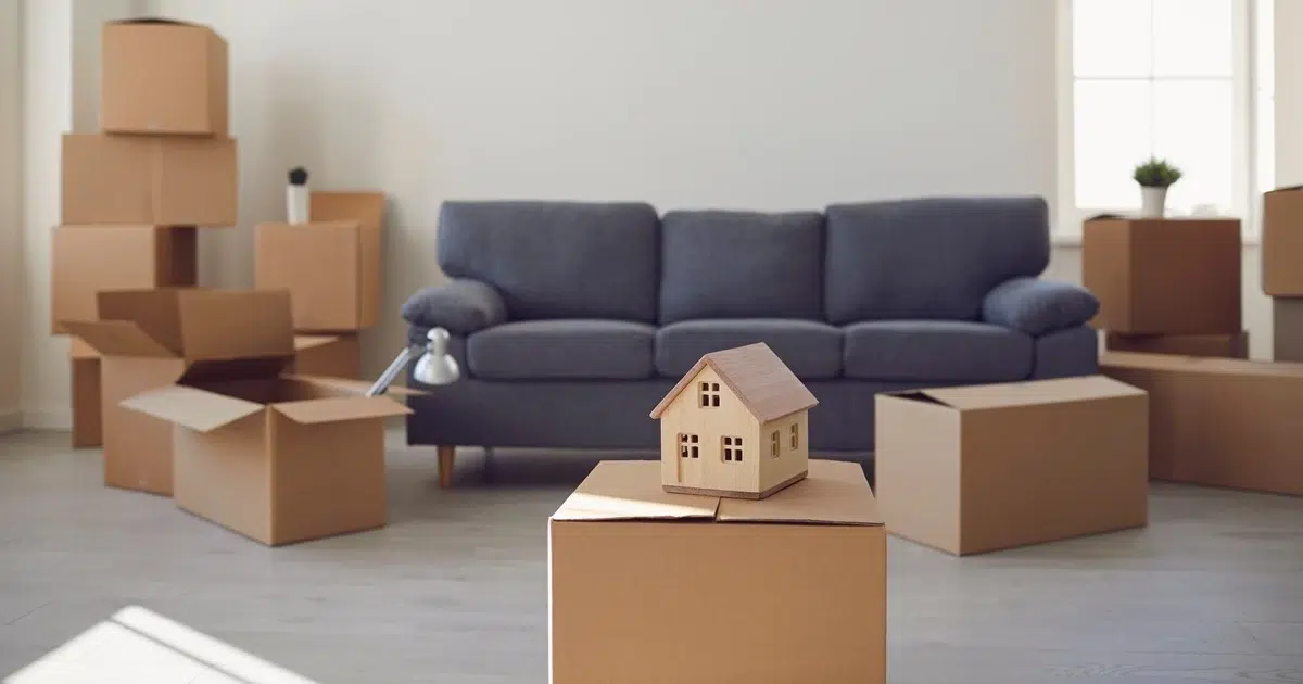 Umzugskartons und Modellhaus vor grauer Couch Immobiliensuche