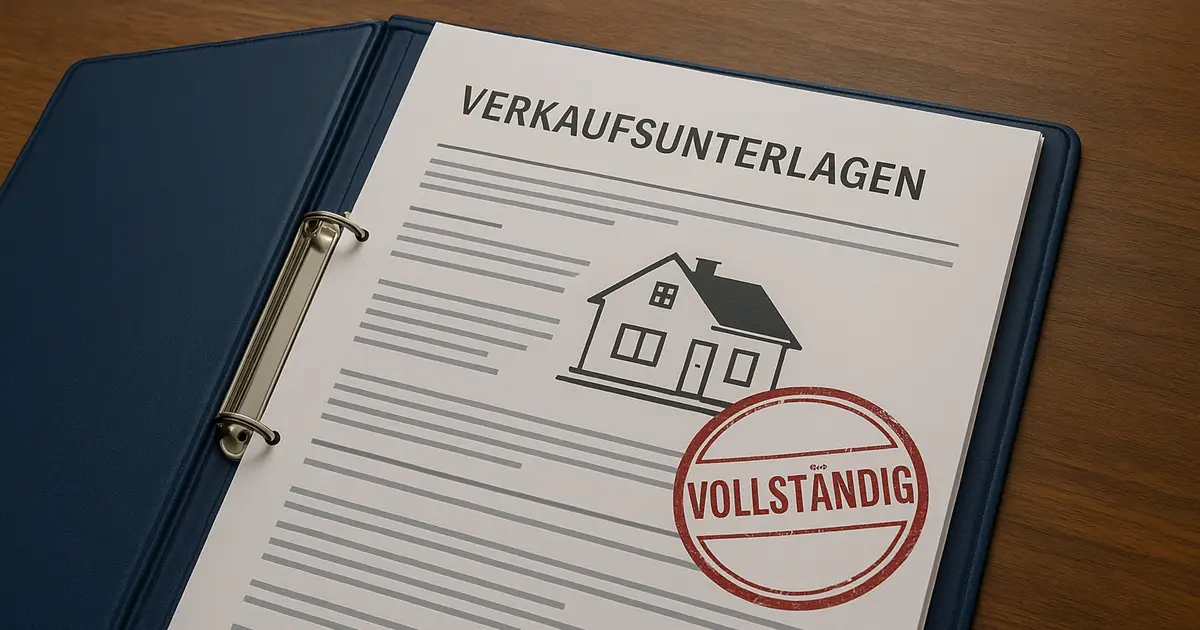 Unterlagen für den Immobilienverkauf einer blauen Mappe und einem roten Stempel "vollständig".